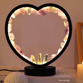 AMOYSTONE Natural Crystal Led Lamp Purple Fluorite USB Night Light Tri-Color Lamp Heart Shaped, Natural Healing Crystal Bedside Night Lamp Bedroom Lamp Home Decoration Gift