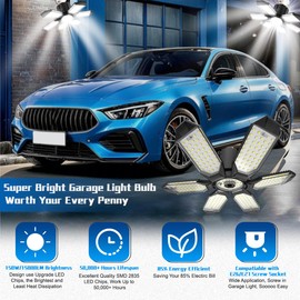 POLARPRA Garage Light - Super Brighter 15000LM Garage Light Bulb 150 Watt Equivalent Screw into E26 Socket w/ 6 Deformable Panels 6500K Led Shop Lights for Base Basement Workshop Warehouse Attic