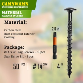 [Pack of 50] #14 x 4" Wood Structural Lag Screws, Black Coated Torx/Star Drive Heavy Duty Construction Wood Screw, Modified Truss Washer Head, Star Drive Bit Included.
