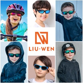 LIU·WEN Kids Sports Polarized Sunglasses - Flexible Youth Baseball Beach Sun Glass With Strap for Boys Girls Age 4-12(Black/Green Mirrored + White-Blue/Blue Mirrored)