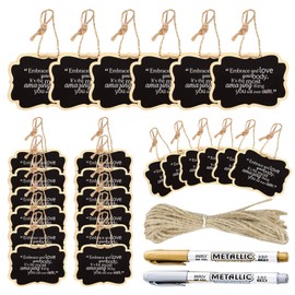 24 Pack Chalkboard Tags with String, ULENDIS 2.36x3.35 Inch Mini Wood Chalkboards Signs with Gold and Silver Markers, Hanging Chalkboard Labels Massage Board Signs, Price Tags