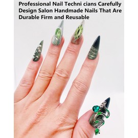 CAMILCY Press on Nails Handmade Nails Luxury Reusable Fake Nails For Girls long Almond Armor Tip Black Green Diamonds Hand Painted Salon Loveful Design Acrylic GelUV Finished For Women 3DNails 10PCS L