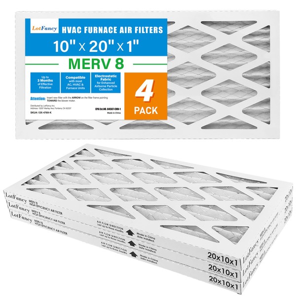 LotFancy 10x20x1 Air Filters, MERV 8 AC Furnace Filters, 4 Pack MPR 600 Pleated Air Conditioner HVAC Filters