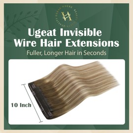 Ugeat Wire Hair Extensios Real Human Hair Clip ins Balayage Dark Brown Fading to Light Brown Mix Light Blonde Ombre Wire Hair Extensions Hidden Wire Hair Extensions Remy Human Hair 14 inch 70g