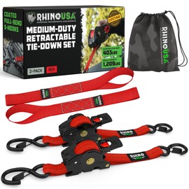 Rhino USA Retractable Ratchet Straps (2-Pack) - 1 Inch x 10 Feet (1,209lb Break Strength) - Auto Self Retracting Tie Down Straps for Truck, Cargo Trailer, Motorcycle, ATV, UTV - Red