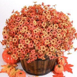 24 Bundles Fall Artificial Flowers ‚Äì UV Resistant Eucalyptus & Violet Stems for Indoor & Outdoor Decoration, Perfect for Porch, Garden, and Home Decor:_Autumn Yellow and Red