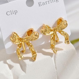 Clip On Bow Earrings for Women Gold Clip-on Earrings Non Piercing Ribbon Bowknot Earrings Lightweight Bow Fake Earrings for Non Pierced Ears
