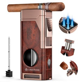 USEWIRE Cigar Lighter, Multifunctional Lighter with V-Cigar Cutter, Cigar Holder, Cigar Punch and Cigar Draw Enhancer, Fillable Butane Torch Lighter, Multi-Purpose Cigar Accessory, Cigar Gifts