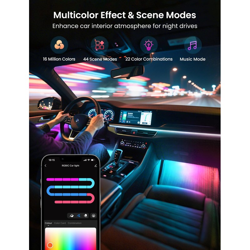 RGB+IC Car LED Lights, Smart 72 LED Car Interior Lights