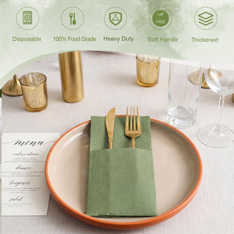 Qilery 50 Pcs Sage Green Disposable Dinner Napkins with Silverware