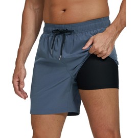 Men's Swimming Trunks 2-in-1 Quick-Drying Swimming Trunks for Men Swimming Trunks Men's Swimming Trunks with Inner Shorts and Zip Pockets, gray