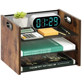 LMZAPET Paper Organizer for Desk - Wood Desk Organizer, 3 Tier Office Desk Organizer with Handle, Mesh File Organizer for Desk, Metal Desk Paper Organizer, File Cabinets for Home Office, School