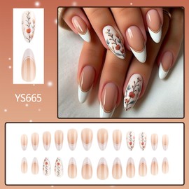 QEYRIYI White French Tip Press on Nails Medium Almond Fake Nail with Floral Designs Flowers False Nails Acrylic Glue on Nail Glossy Full Cover Artificial Stick on Nail for Women 24 Pcs