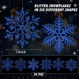 Sratte Large Snowflakes Ornaments 12" Plastic Glitter Snowflake Decorations Giant Winter Christmas Hanging Decor Oversized Snow Flakes Ornaments for Indoor Outdoor Decor(Dark Blue,24 Pack)