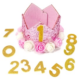 Rimobul Pet Crown Dog Birthday Hat Reusable Birthday Party Crown Girl Cat Doggie Headband Hats with 0-9 Figures Charms Gift Grooming Accessories with Glue Dots Pack of 1(Pink)