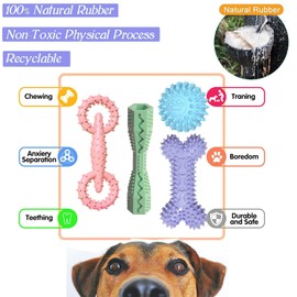 4 Pack Puppy Toys for 2-8 Months Pets Dog Chew Toy for Small Puppies Teething Toys for Cleaning Teeth Food Dispensing Soft Durable Rubber Bone Funny Ball Interactive Donut Treat Dumbbell (Mix Color)