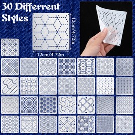 30Pcs Sashiko Stencil Quilting Stencils Wash Away for Crafts, Embroidery Stencils Geometric Line Stencil Kit, Quilting Templates for Sewing Hand Quilt Crafting Clothes
