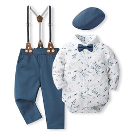 Volunboy Infant Gentleman Wedding Outfits Baby Boys Romper Suspenders Bowtie Beret Hat Ring Bearer Formal Dress Clothes (Whiteblue, 9-12 Months)