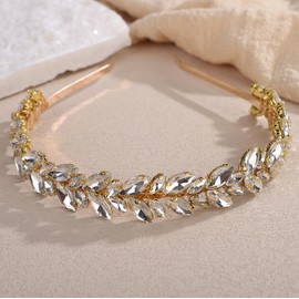 Octwine Silver Green Red Rhinestones Crystal Bridal Headband Headpiece Wedding Headband for Brides Rhinestone Hair Accessories for Women (Golden, Width 0.78inch)