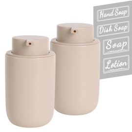BosilunLife Khaki Soap Dispenser Set - 2 Pack 12oz Ceramic Dish Soap Dispenser with Rust Proof Pump for Kitchen, Hand Soap and Lotion Set Suitable for Farmhouse Bathroom Decor with Waterproof Labels
