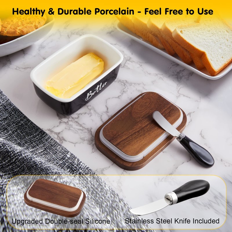 ALELION Black Butter Dish with Lid and Knife for Countertop