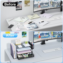 gianotter Desk Organizers and Accessories with File Holder, 4-Tier Desk Accessories & Workspace Organizers with Drawer and 2 Pen Holder, Paper Organizer for Office Supplies (Black)