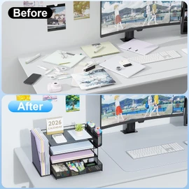 gianotter Desk Organizers and Accessories with File Holder, 4-Tier Desk Accessories & Workspace Organizers with Drawer and 2 Pen Holder, Paper Organizer for Office Supplies (Black)