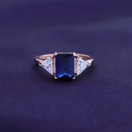 AFFY 14k Rose Gold Over Sterling Silver Emerald Cut Blue Sapphire With Trillion White Topaz Ring Jewelry For Womens Ring Size-10