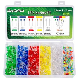 3mm & 5mm LED Diodes Kit,700 Piece 10 Values 5 Color, Light Assortment Kit Low Voltage Circuit Emitting Diodes Bulb Lamp Set, Green, Blue, Red, Yellow, White (5mm-5color-500pcs & 3mm-5color-200pcs)
