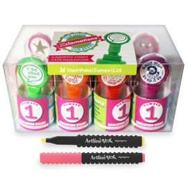 Xstamper Xclamations Teacher Stamp Set, 8 x Stamps and 2 x Highlighters (Impression Size: 22mm). Pre-Inked & Refillable Stamper for Marking School Work - Genuine Xstamper Self Inking Stamps