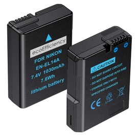 ecoEfficiency 2-Pack of EN-EL14, EN-EL14A Batteries for Nikon D3500, D3100, D3200, D3300, D3400, D5100, D5200, D5300, D5500, D5600, DF, Coolpix P7000, P7100, P7700, P7800 DSLR Cameras