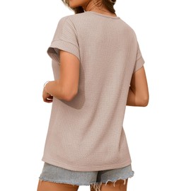 Bosmeer Womens Tops Waffle Knit Short Sleeve Shirts V Neck Solid Color Casual Pullover Summer Tops Apricot Large