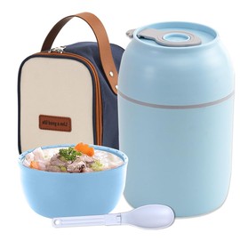 BILIBON 500 ml Tarro Térmico de Acero Inoxidable para Niños, Tarro de Comida Aislado al Vacío Portátil, Viene con Cuchara y Bolsa Térmica, Tapa Separada, 3H Reten Ción de Calor Duradera Durante (Azul)