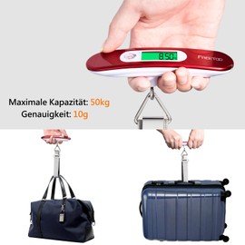 Freetoo Digital Luggage Scales, Portable Hanging Scales, LCD Display with Backlight Tare Function, Practical for Travel/Family Life, up to 50 kg ABS, red