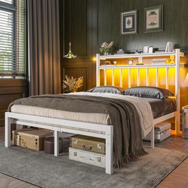Homkdom Metal Full Size Bed Frame with 2-Tier Storage Headboard, Bed Frame Full with LED Light, Victorian Mattress Foundation Under Bed Storage/No Box Spring Needed/Noise-Free/Easy Assembly, White
