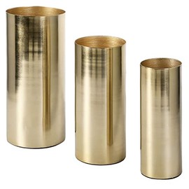 MyGift Jarrones de centro de mesa altos de metal en tono latón moderno, cilindro, juego de 3 - Tamaños grandes, medianos, pequeños, hechos a mano en India