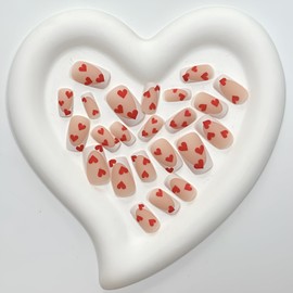 French Tips Nude Press on Nails Medium Square Valentine's Day Fake Nails with Red Heart Design Matte Full Cover False Nails Acrylic Nails Glue on Nails Stick on Nails for Women and Girls 24Pcs