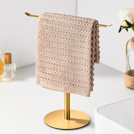 Gold Hand Towel Holder Stand – Countertop T-Shaped Stainless Steel Towel Rack with Non-Slip Base for Vanity and Kitchen