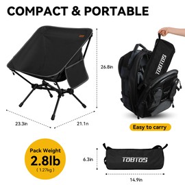 TOBTOS 2 Pack Ultralight Camping Chair, Portable Folding Backpacking Chair, Compact Camping Chair with Carry Bag for Outdoor Camp Hiking Backpack Beach Travel (Black)