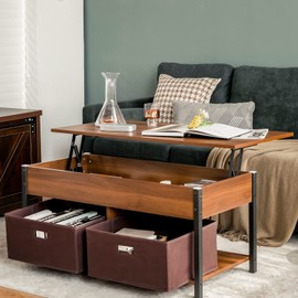Tangkula Lift Top Coffee Table with Drawers, Multifunctional Pop-up Central Table with Lifting Tabletop, Concealed Compartment & 2 Folding Fabric Drawers, Home Living Room Furniture (Brown)