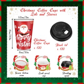 Yaomiao 120 Pcs Christmas Paper Coffee Cups with Lids Disposable Hot Cocoa Chocolate Paper Cups 12 oz Xmas Holiday Paper Cups for Hot Tea Drinks Beverage Coffee Bar Party Supplies