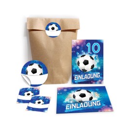 JuNa-Experten 12 Invitation Cards for 10th Children's Birthday Boys Football Invitations 10th Birthday Includes 12 Envelopes, 12 Party Bags/Natural, 12 Stickers