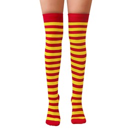 NuJake Striped Over The Knee Socks Fancy Dress Cosplay Girls UK Size 4-5.5 (Cotton Blend, Red & Yellow)