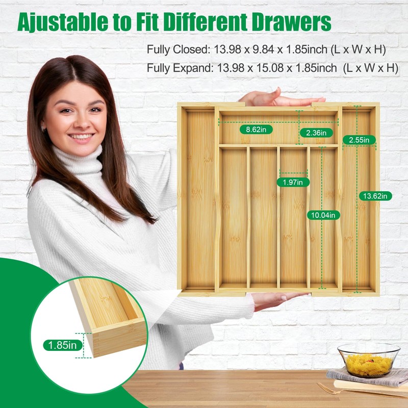 BAMBUROBA Bamboo Kitchen Drawer Organizer,Expandable Silverware Organizer,2 Pack Utensil Holder