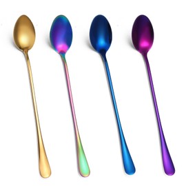 JIEYAO Long Handle Ice Tea Spoons, 9.3 Inch Coffee Mixing Spoons, Cocktail Stirring Spoons Colored Ice Cream Spoons Long Cream Dessert Scoop for Coffee Milkshake Cold Drink, Set of 4