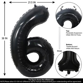 40 Inch Black Number 6 Balloons Helium Giant Black 6 Balloons for Birthday Party Decorations Anniversary Baby Shower Photo Shoot Supplies