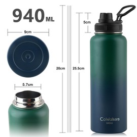 Termo de Acero Inoxidable para Agua Fría y 2 Tapas - Botella Térmica Metálica con Doble Pared para Mantener el Frío Gimnasio, Deportes y Oficina (Azul-Verde, 940ml/32Oz)