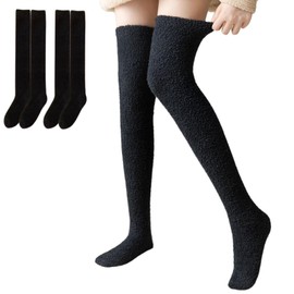 YasYouRi Room Socks, Knee High, Fluffy Socks, 2 Pairs Set, Extra Thick, Warm, For Winter, Cold Protection, Fluffy, Warm, Long Bore, Sleeping, Cold, Black