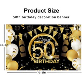 DOKLY 50th Birthday Decorations – 50th Birthday Backdrop Gold and Black Happy Birthday Party Decorations Banner for Women Men, Happy Birthday Banner for a Memorable Celebration(70” x 43”)