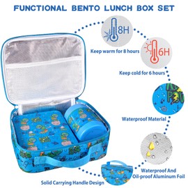 Bento Lunch Box Set for Kids with 10oz Soup Thermo, Leak-Proof Lunch Containers with 4 Compartment, Kids Thermo Hot Food Jar and Insulated Lunch Bag for Kid to School,BPA-Free(Dragon)